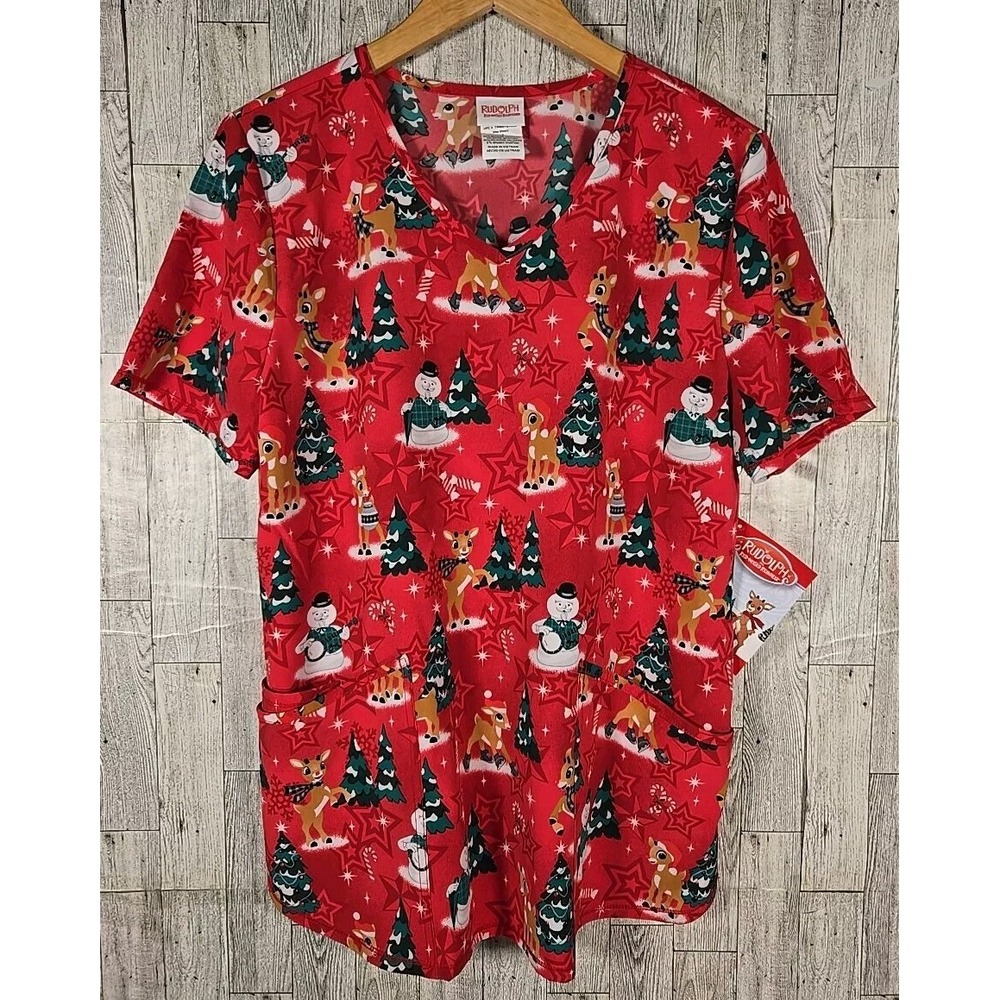 Rudolph Scrub Top MEDIUM Red Nosed Reindeer Christmas V-Neck Red Medical NEW